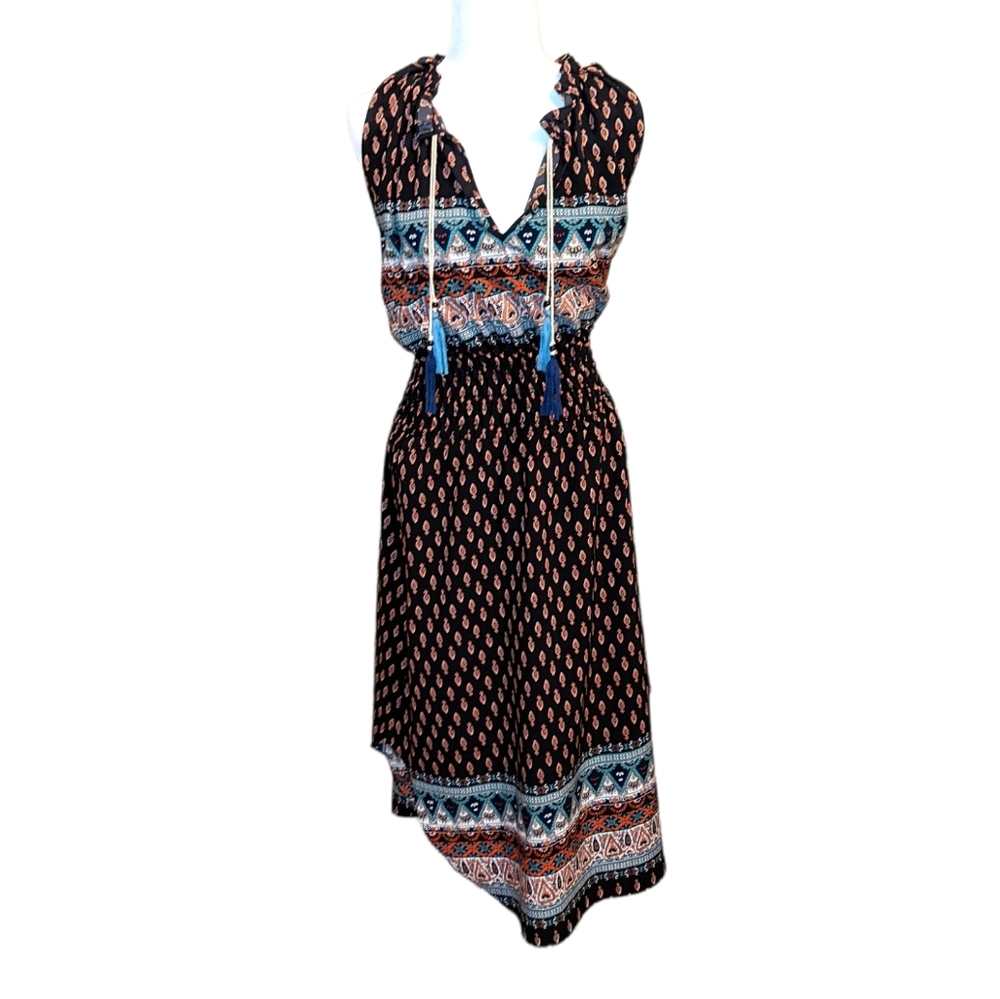 Misa Los Angeles Maddie Black Jewel Boho Tassel Tribal Print Midi Dress Size S